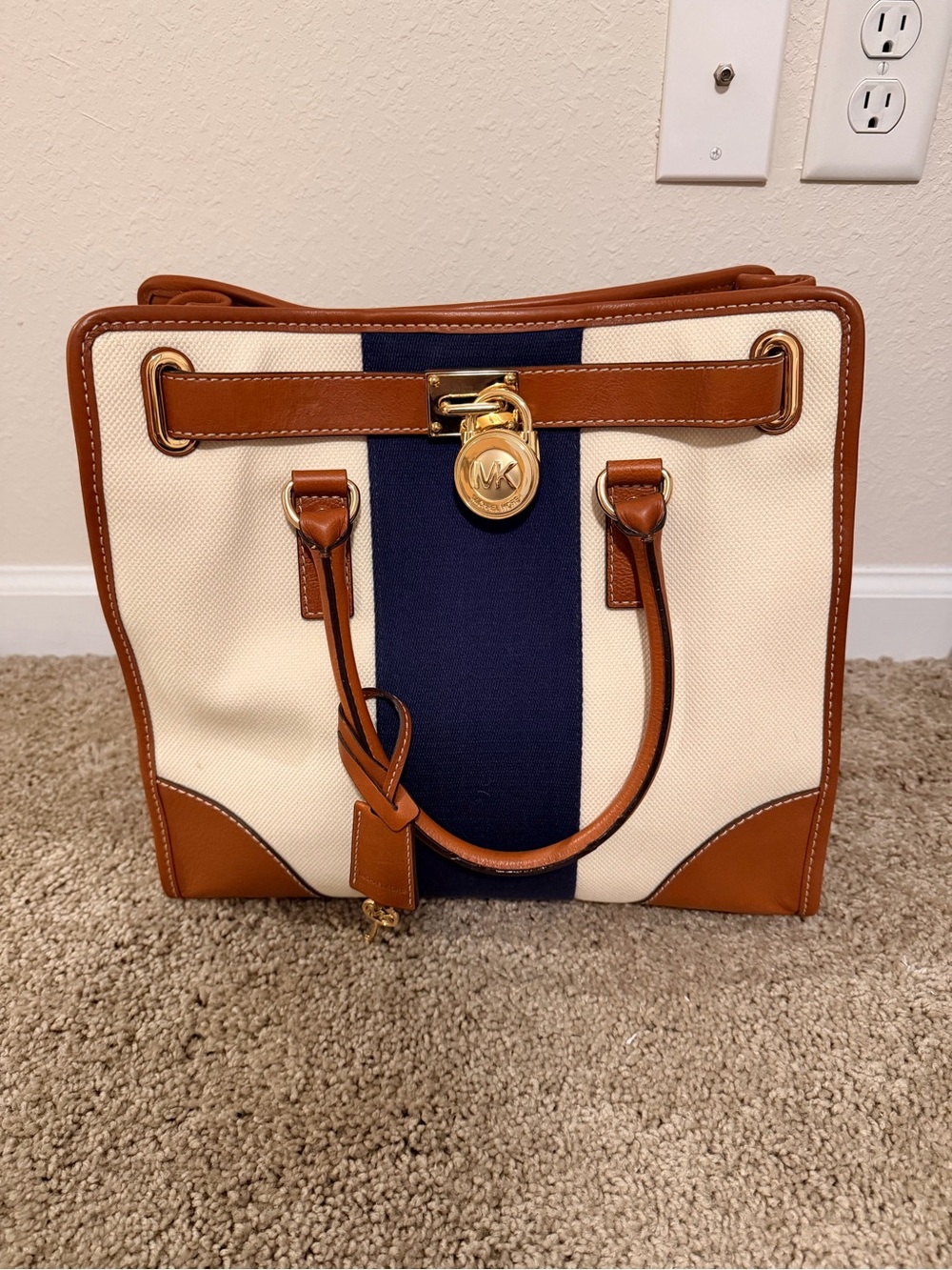 Michael Kors Cream and Navy Stripe Tote with Brown Trim